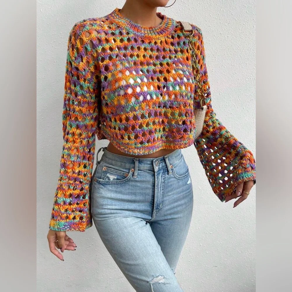 NIB Knit Bell Sleeve Cropped Sweater Multi Color Size M